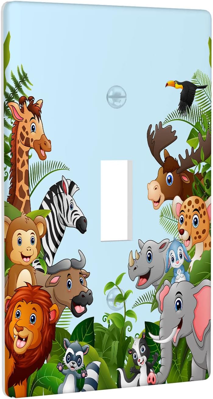 Czrouz Cartoon Forest Animals Single Toggle Light Switch Plate Decorative, Cute Elephant Giraffe Lion 1 Gang Wall Plates Cover Electrical Switchplate for Kitchen Bathroom Bedroom Home Decor Faceplate - Image 2